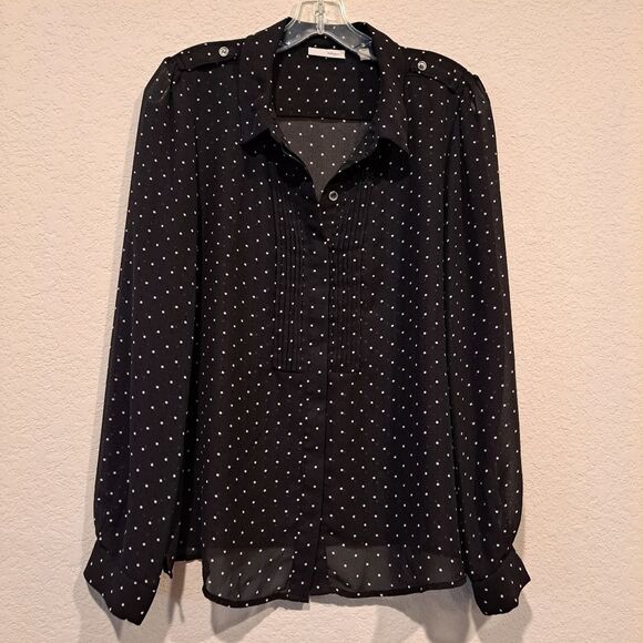 Halogen sheer lightweight button-up blouse top shirt black white polka-dots sz M - Picture 6 of 7